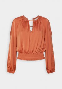 Blusa de cor ferrugem feita de material de cetim, com decote em forma de buraco de chave, mangas franzidas e cintura com pregas para um ajuste justo.