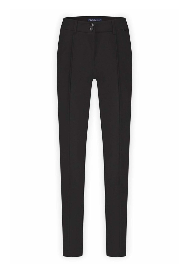 Zwarte broeken met een slim fit, gemaakt van glad materiaal. Bevat twee knopen bij de taille, verticale naden en een minimalistisch ontwerp.