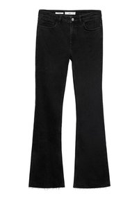 Black flared jeans in a soft fabric with a raw hem, featuring two front pockets and a button closure with a zipper fly.