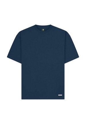 T-shirt blu navy a maniche corte in cotone, con scollatura rotonda e un piccolo logo vicino all'orlo. Tessuto morbido.