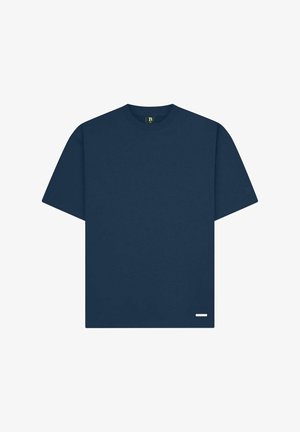 Marineblauwe korte mouwen t-shirt van katoen, met een ronde halslijn en een klein logoaccent nabij de zoom. Soepele textuur.