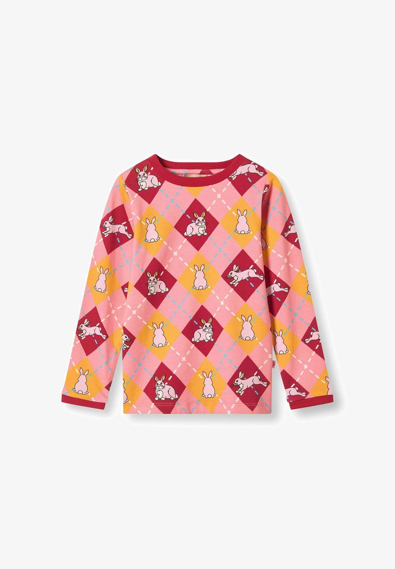 Long-sleeve shirt in pink and red with diamond pattern featuring bunny illustrations. Made of soft fabric with a crew neck and ribbed cuffs.