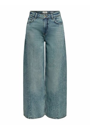 High-waisted, wide-leg blue denim jeans with front button and zip closure, belt loops, and front pockets.