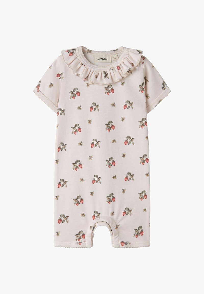 Ροζ βρεφικό φορμάκι με γιακά με βολάν, κοντά μανίκια και κόκκινα μοτίβα φράουλας και μέλισσας παντού.