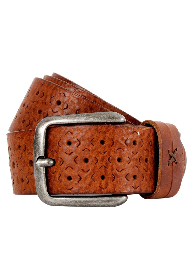 Hellbrauner Ledergürtel mit einem strukturierten Muster aus kleinen Ausschnitten. Verfügt über eine silberne Metallbrosche und einen genähten Lederhalter.