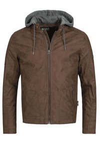 Brown zip-up jacket with a textured finish, featuring a gray hood, two side pockets, and smooth cuffs.