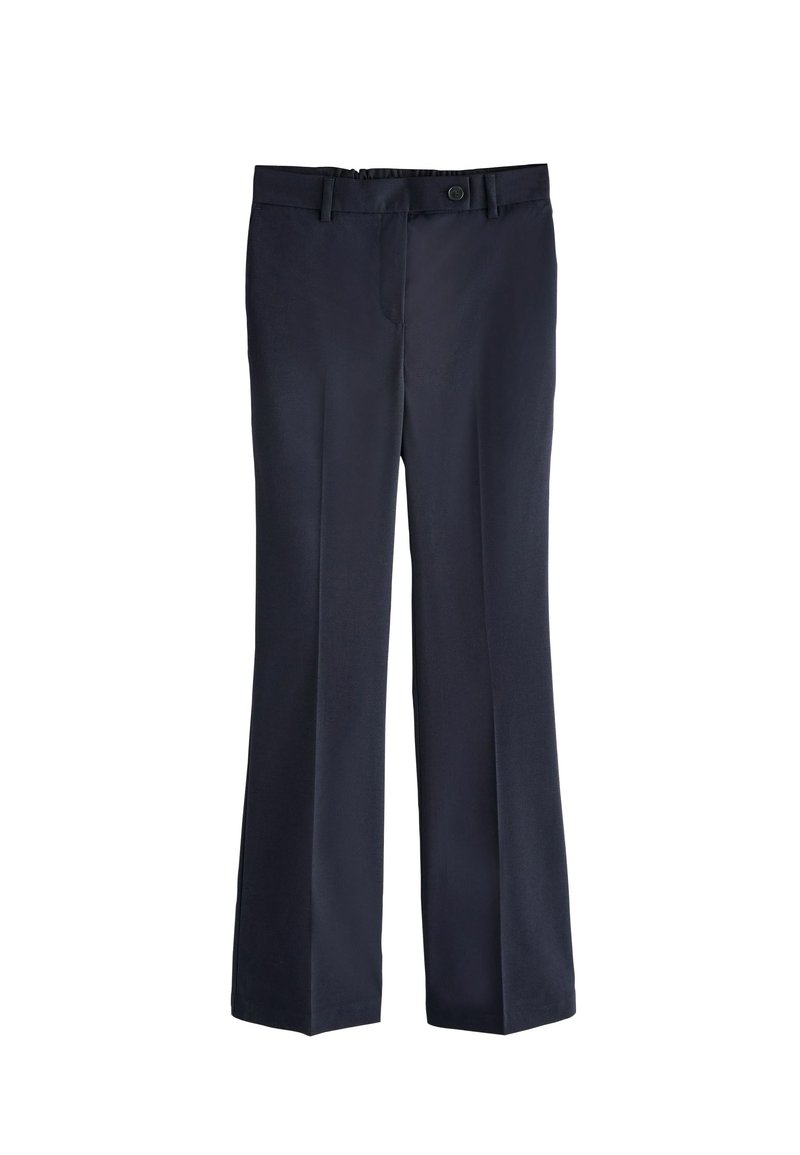 Navyblaue, gerade geschnittene Hosen aus einem glatten Stoff. Sie verfügen über einen vorderen Knopfverschluss, Gürtelschlaufen und seitliche Taschen.