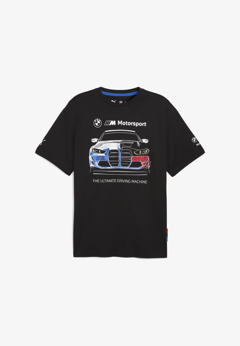 Camiseta negra con una ilustración estilizada de un coche BMW, con detalles coloridos y texto que dice "LA MÁQUINA DE CONDUCCIÓN DEFINITIVA."