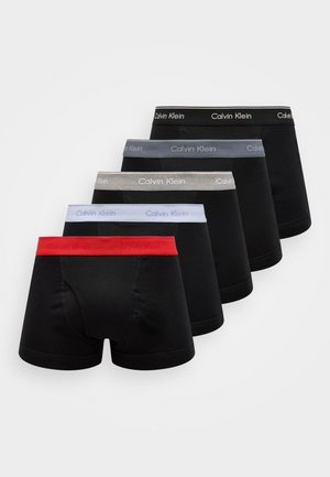 Five pairs of men's boxer briefs in black, grey, and light blue, featuring elastic waistbands with "Calvin Klein" logo in contrasting colors.