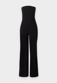Svart ermeløs jumpsuit med tettsittende liv, vid benl design, minimale sømdetaljer og usynlig glidelås bak.