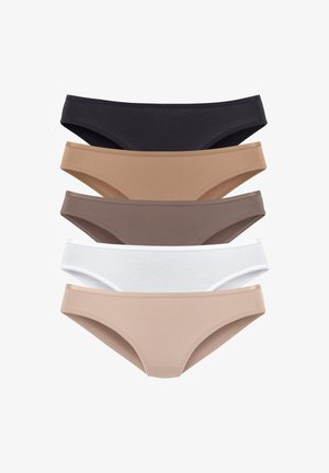 Five pairs of seamless underwear in black, dark brown, light brown, white, and nude, featuring a soft fabric and classic bikini cut.