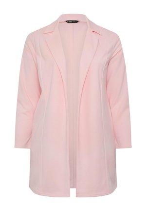 Lichtroze open voorzijde lange blazer met reverskraag en lange mouwen, getailleerde naden voor een gestructureerde pasvorm, dames bovenkleding.