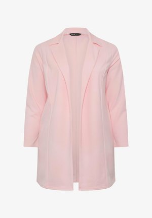 Lichtroze open voorzijde lange blazer met reverskraag en lange mouwen, getailleerde naden voor een gestructureerde pasvorm, dames bovenkleding.