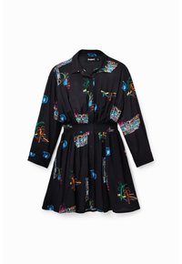 Abito camicia nero con maniche lunghe, vita elastica e motivi tropicali e testuali colorati. Design con chiusura a bottoni sul davanti.