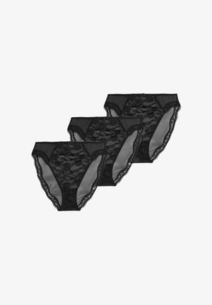 Bragas de encaje negro en un paquete de tres. Presenta secciones transparentes, patrones de encaje floral y bordes ondulados. Estilo clásico de bragas.