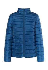 Jachetă puffer albastră, matlasată, cu guler înalt și fermoar frontal. Prezintă cusături verticale și o textură netedă, lucioasă.