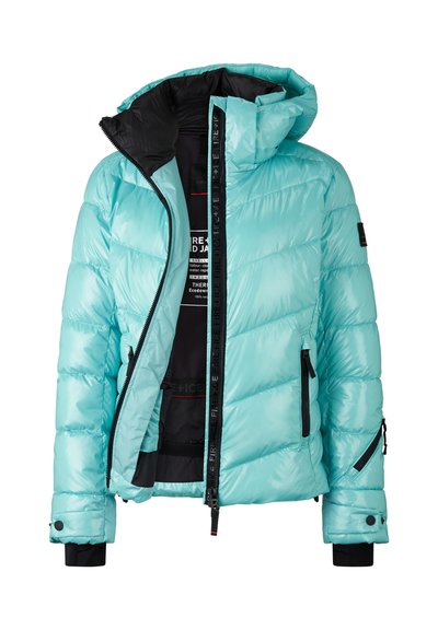 Lichtblauwe pufferjas met een ritssluiting aan de voorkant, een zwarte voering aan de binnenkant en zijzakken met ritsen; vervaardigd uit glanzend, doorgestikt materiaal.