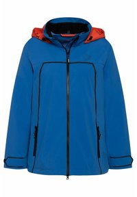 Blauwe waterdichte jas met een oranje capuchon, zwarte accenten, een ritssluiting aan de voorkant, twee zijzakken en verstelbare manchetten.