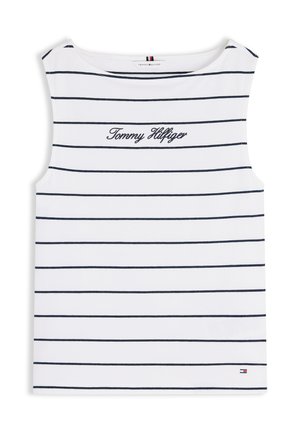 Weißes ärmelloses Oberteil mit dünnen horizontalen marineblauen Streifen, "Tommy Hilfiger" in marineblauer Schrift in der Mitte der Brust bestickt und kleinem Logo nahe dem unteren Saum.