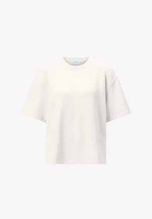 Tricou alb din bumbac cu mâneci scurte și croială lejeră, cu decolteu rotund, afișat pe un fundal alb.