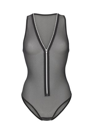 Black mesh bodysuit with a V-neck design, featuring a front zipper and slim straps. The material has a textured, open weave pattern.
