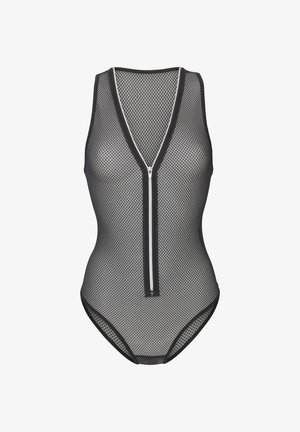 Black mesh bodysuit with a V-neck design, featuring a front zipper and slim straps. The material has a textured, open weave pattern.