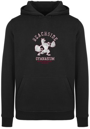 Schwarzer Kapuzenpullover mit einer vorderen Kängurutasche. Hat ein Grafikmotiv eines Löwen, der Gewichte hebt, und Text: "Beachside Gymnasium."