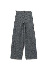 Pantaloni a gamba larga in maglia grigio scuro con vita alta e sottile cucitura verticale al centro frontale.