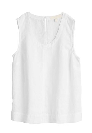Weißes ärmelloses Blusentop mit rundem Ausschnitt und Reißverschluss auf der Rückseite, gefertigt aus leichtem Stoff.