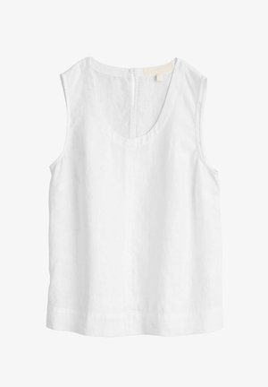 Blouse blanche sans manches avec encolure ronde et fermeture éclair au dos, en tissu léger.