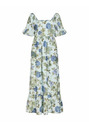 Robe maxi bleu clair avec manches courtes bouffantes, encolure carrée, ourlet volanté et imprimé floral bleu et vert.