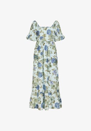 Robe maxi bleu clair avec manches courtes bouffantes, encolure carrée, ourlet volanté et imprimé floral bleu et vert.