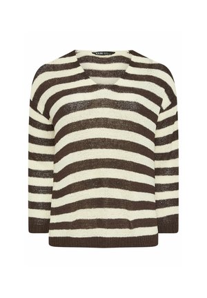 Brun- og hvidstribet strikket sweater med V-hals og lange ærmer.