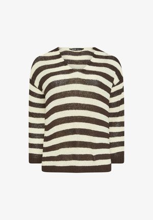 Brązowo-biały sweter w poziome paski z dzianiny, z dekoltem w serek i długimi rękawami.