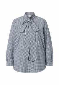 Bluse aus marineblauem und weißem Vichykaro mit Bindekragen, langen Puffärmeln, Knopfleiste und abgerundetem Saum. Baumwollstoff mit glatter Textur.
