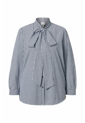 Bluse aus marineblauem und weißem Vichykaro mit Bindekragen, langen Puffärmeln, Knopfleiste und abgerundetem Saum. Baumwollstoff mit glatter Textur.