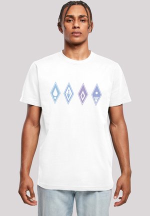 White short-sleeve t-shirt featuring five diamond-shaped graphics in light blue and purple, arranged in a row across the chest.