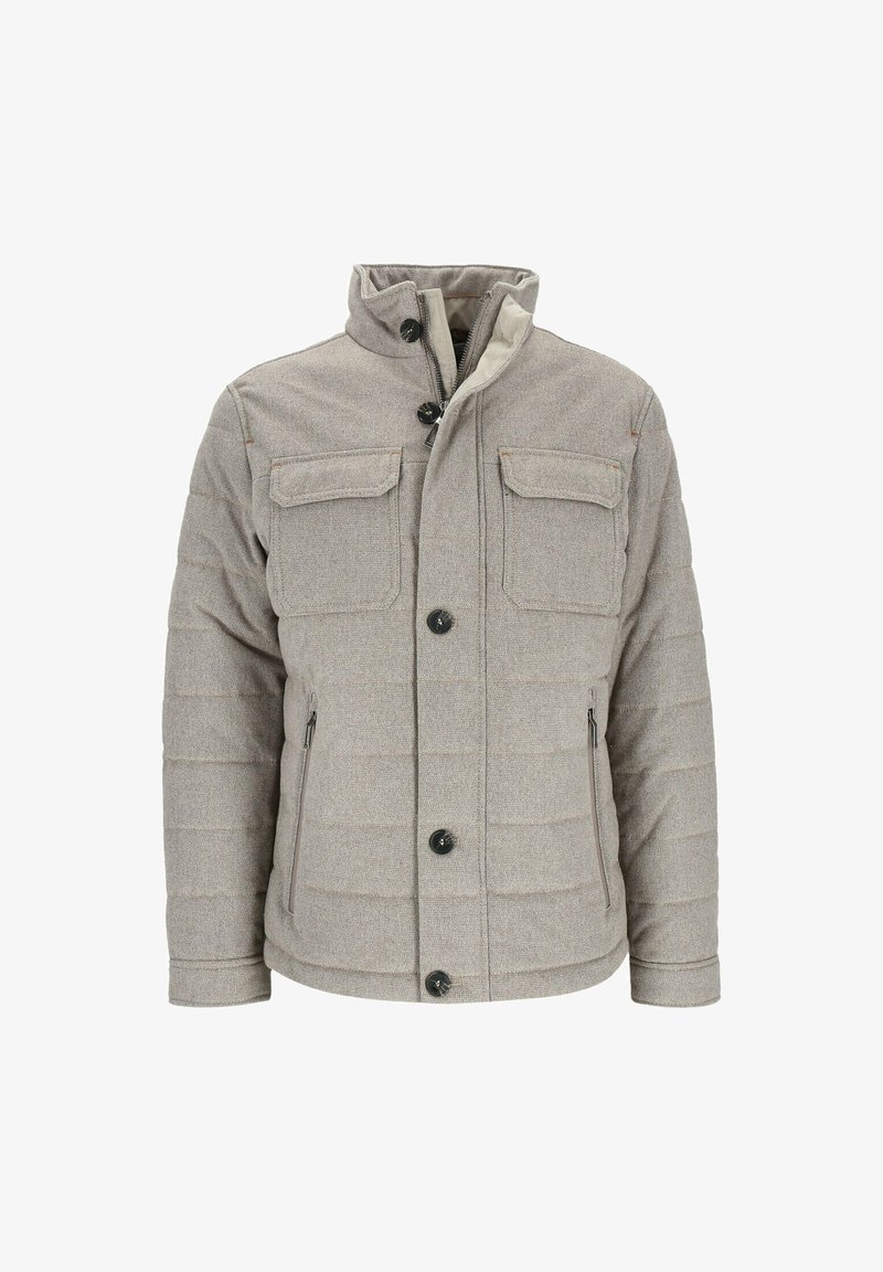 Grijze gewatteerde jas met een hoge kraag, twee borstzakken en zijritsen. Voorzien van zwarte knopen, een gladde textuur en subtiele stikaccenten.