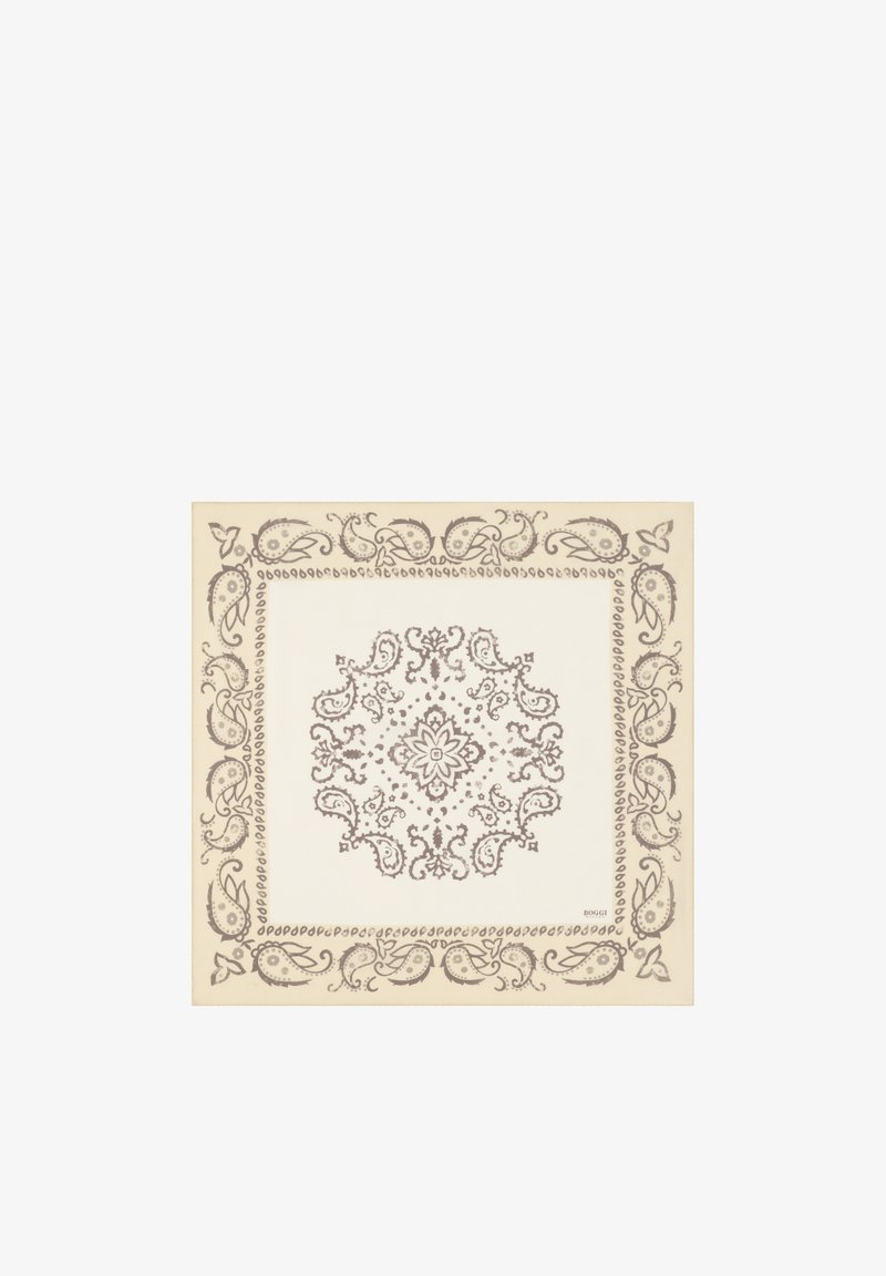 Foulard quadrato beige con intricati motivi paisley e floreali marroni che formano un medaglione centrale e un bordo decorativo.