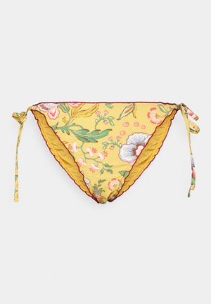 Parte de baixo de biquíni floral em amarelo, com flores verdes e pink. Apresenta uma borda ondulada e laços laterais ajustáveis. Feita em tecido leve.