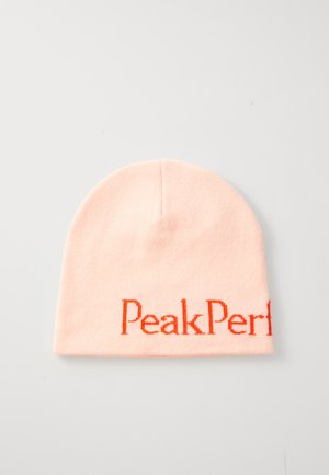 Pink knit beanie with "PeakPerf" embroidered in bright orange. Soft texture, rounded shape, and no visible hardware or additional details.