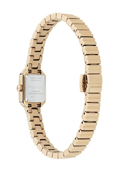 Arany tónusú rozsdamentes acél karóra téglalap alakú tokkal, zafír kristállyal és rugalmas, összekapcsolt karkötő kialakítással, polírozott díszítéssel.