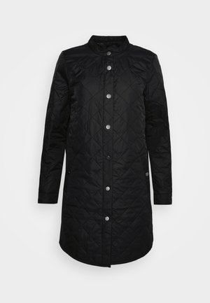 Zwarte gewatteerde lange jas met drukknoopsluiting, ronde kraag en lange mouwen, ontworpen voor koud weer.