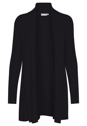 Black ribbed cardigan with an open front design, long sleeves, and a soft texture. Features a relaxed fit and no visible fastenings.