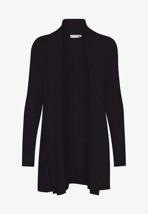Black ribbed cardigan with an open front design, long sleeves, and a soft texture. Features a relaxed fit and no visible fastenings.