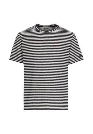 Maglietta a maniche corte con scollo rotondo, righe orizzontali blu navy e bianche e piccolo logo ricamato sulla manica sinistra.