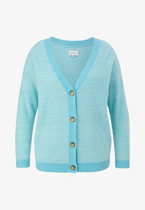 Hellblaues Strickcardigan aus strukturiertem Material. Verfügt über einen V-Ausschnitt, lange Ärmel und fünf Knöpfe in einem kontrastierenden Brauton.
