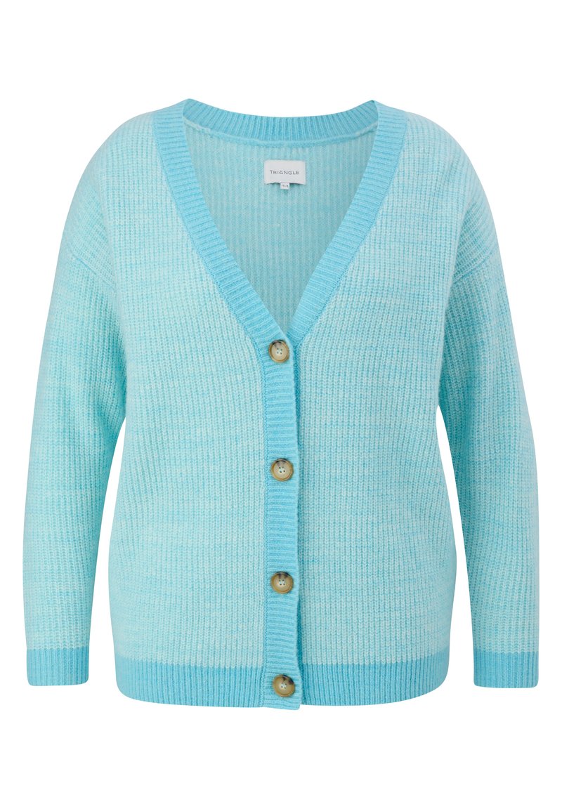 Hellblaues Strickcardigan aus strukturiertem Material. Verfügt über einen V-Ausschnitt, lange Ärmel und fünf Knöpfe in einem kontrastierenden Brauton.