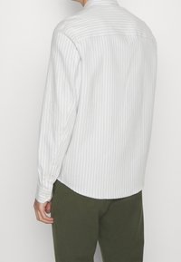 Pitkähihainen valkoinen paita, jossa vaaleansiniset pystysuuntaiset raidat, kaareva helma ja napilliset kalvosimet. Kankaan pinta näyttää sileältä.