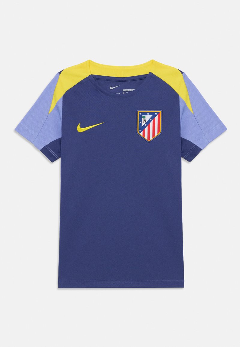 Tricou bleu marin cu mâneci scurte, cu accente galbene și bleu deschis, având un logo Nike și emblema Atletico Madrid pe față.